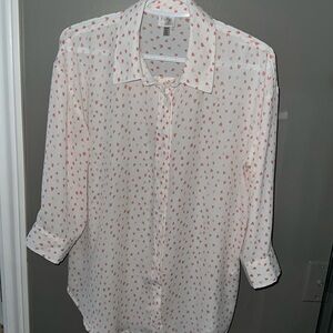 Women's White Button-Down Blouse with Pink Heart Print | Size Medium